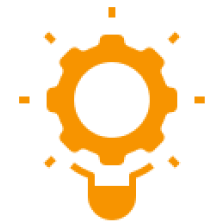 Orange gear and lightbulb icon on black.