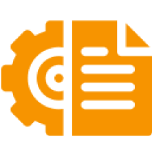 Orange gear and document icon on black.