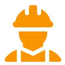 Construction worker icon in orange and black.